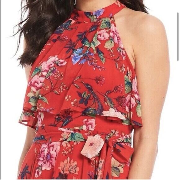 NEW ELIZA J Red Boho Floral Print Halter Popover Chiffon High Low Maxi Dress Sz8 - Picture 2 of 12